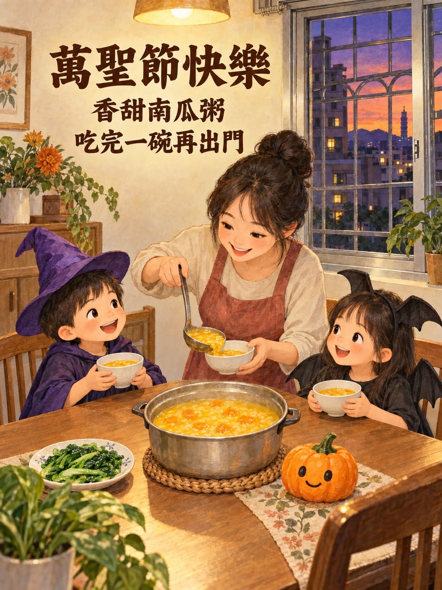 先吃一碗南瓜粥。圖中文字：萬聖節快樂，香甜南瓜粥，吃完一碗再出門