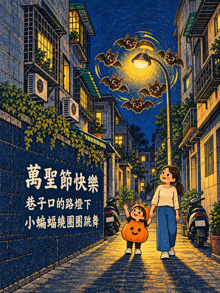 路燈下的小蝙蝠。圖中文字：萬聖節快樂，巷子口的路燈下，小蝙蝠繞圈圈跳舞