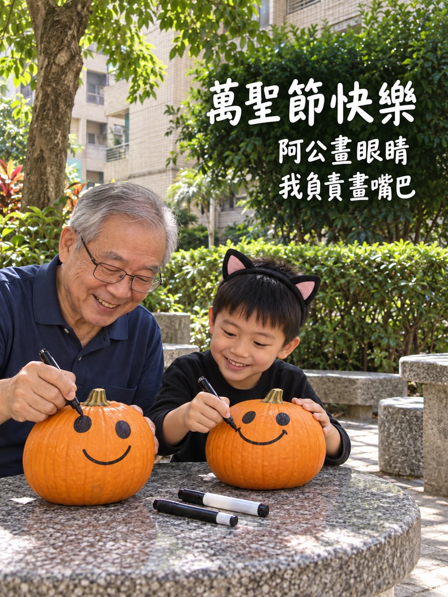 阿公一起畫南瓜。圖中文字：萬聖節快樂，阿公畫眼睛，我負責畫嘴巴