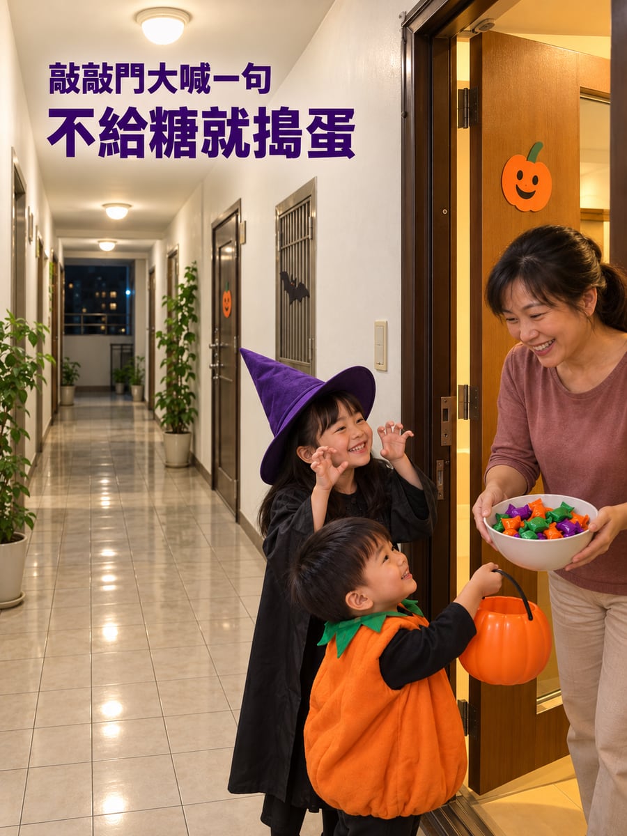 敲門要糖。圖中文字：不給糖就搗蛋，敲敲門大喊一句