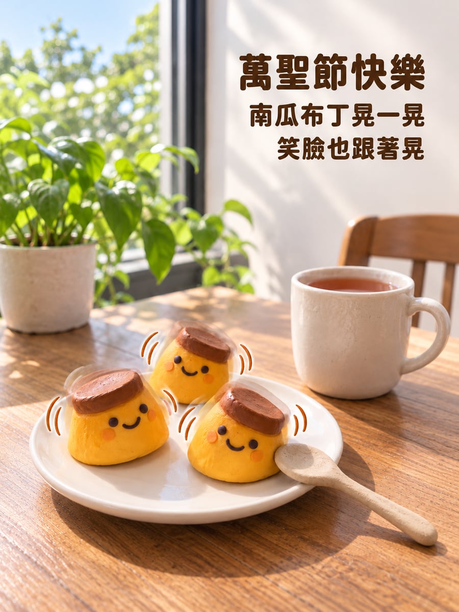 晃呀晃的南瓜布丁。圖中文字：萬聖節快樂，南瓜布丁晃一晃，笑臉也跟著晃