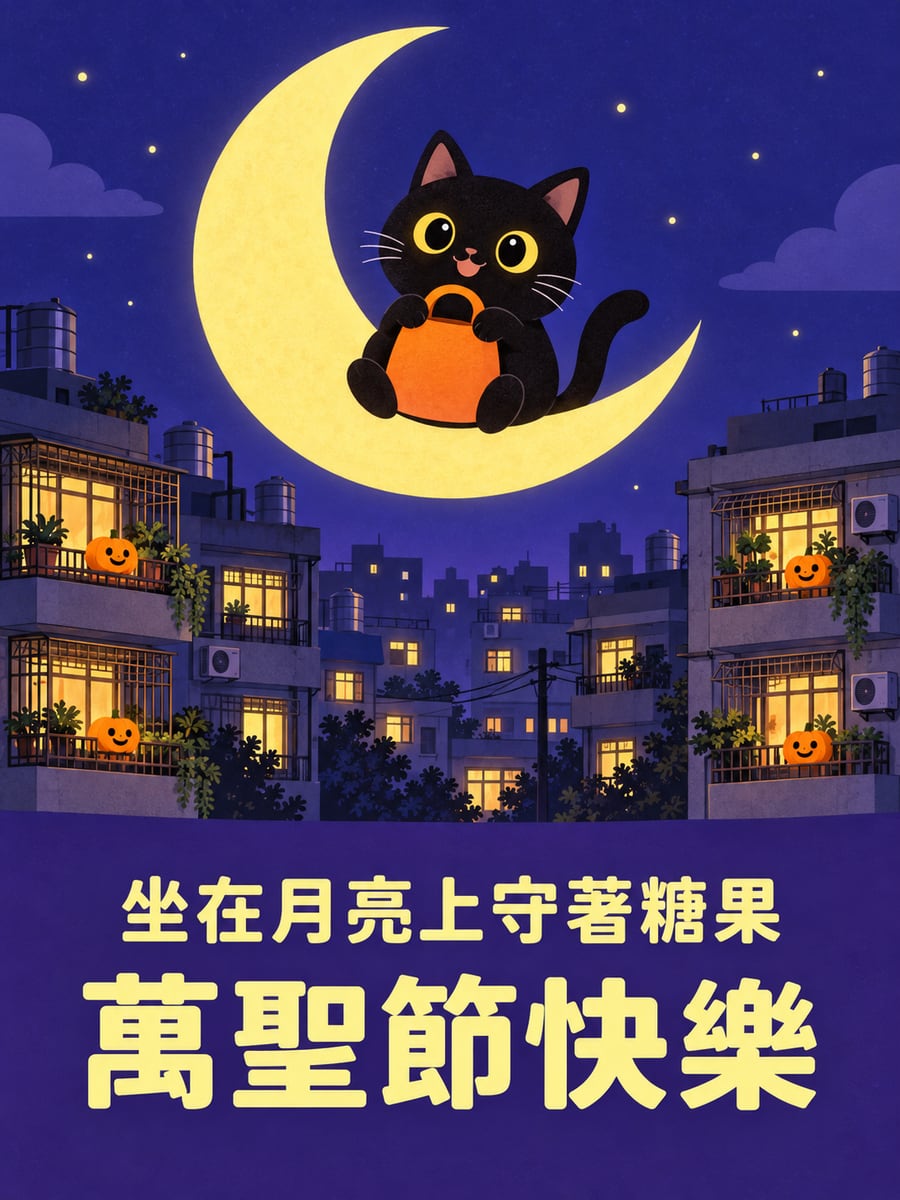 坐在月亮上的貓。圖中文字：萬聖節快樂，坐在月亮上守著糖果
