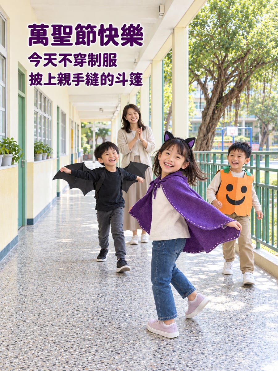 學校扮裝日。圖中文字：萬聖節快樂，今天不穿制服，披上親手縫的斗篷