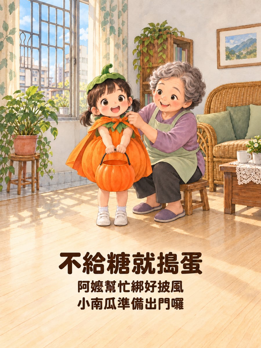 阿嬤幫忙綁披風。圖中文字：不給糖就搗蛋，阿嬤幫忙綁好披風，小南瓜準備出門囉