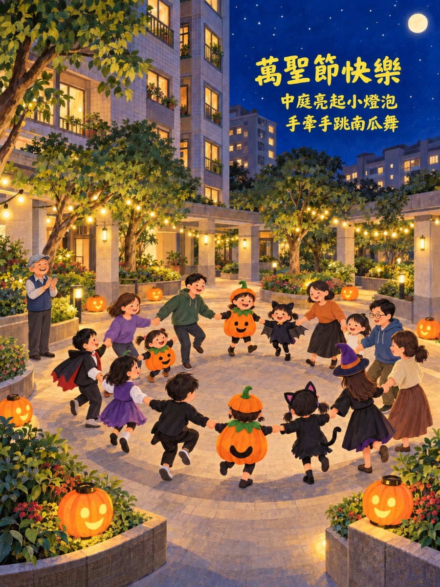 中庭南瓜舞會。圖中文字：萬聖節快樂，中庭亮起小燈泡，手牽手跳南瓜舞