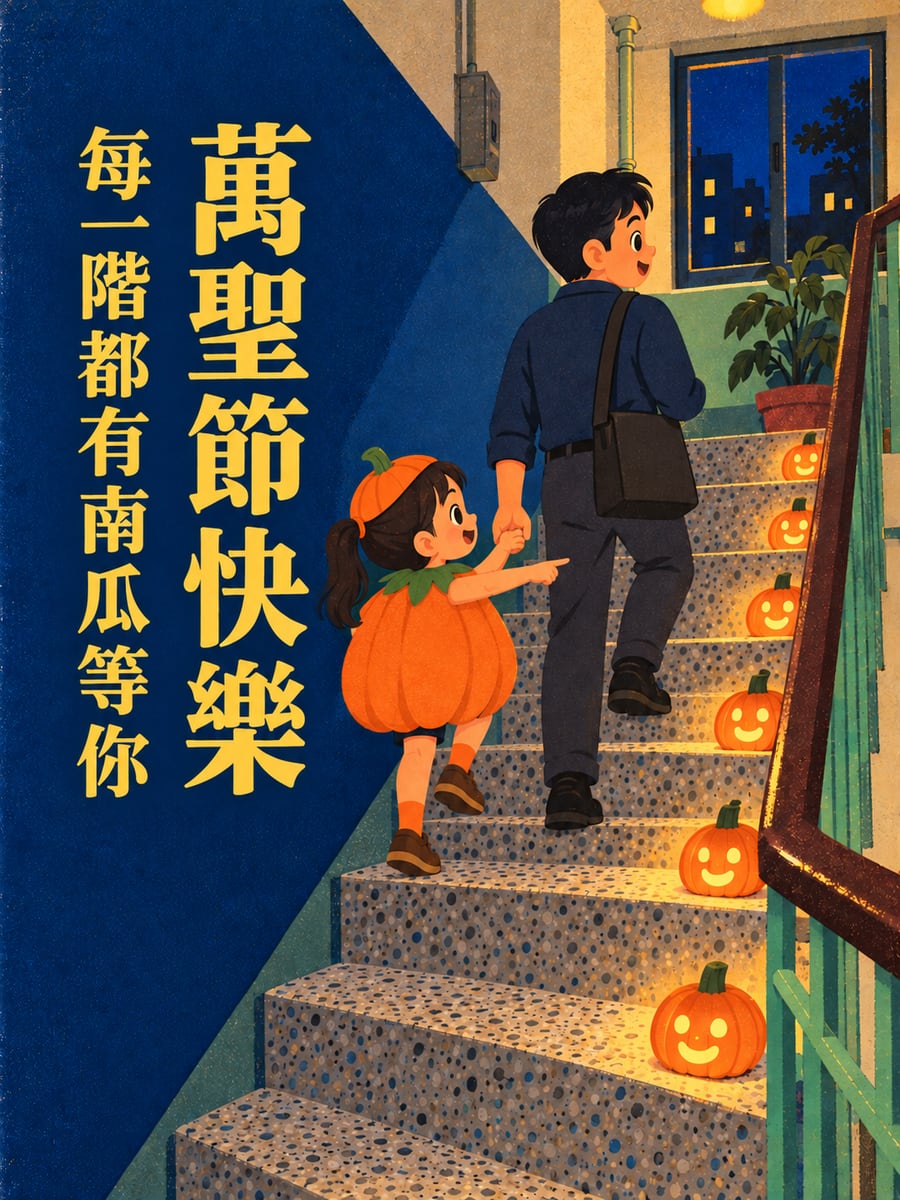 每一階都有小南瓜。圖中文字：萬聖節快樂，每一階都有南瓜等你