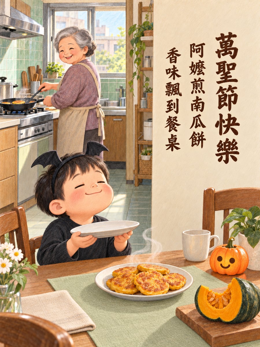 阿嬤煎南瓜餅。圖中文字：萬聖節快樂，阿嬤煎南瓜餅，香味飄到餐桌
