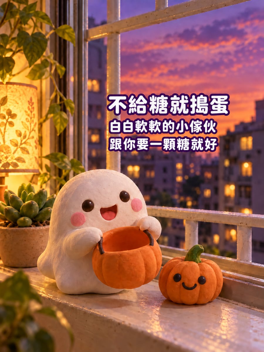 窗台上的小白球。圖中文字：不給糖就搗蛋，白白軟軟的小傢伙，跟你要一顆糖就好