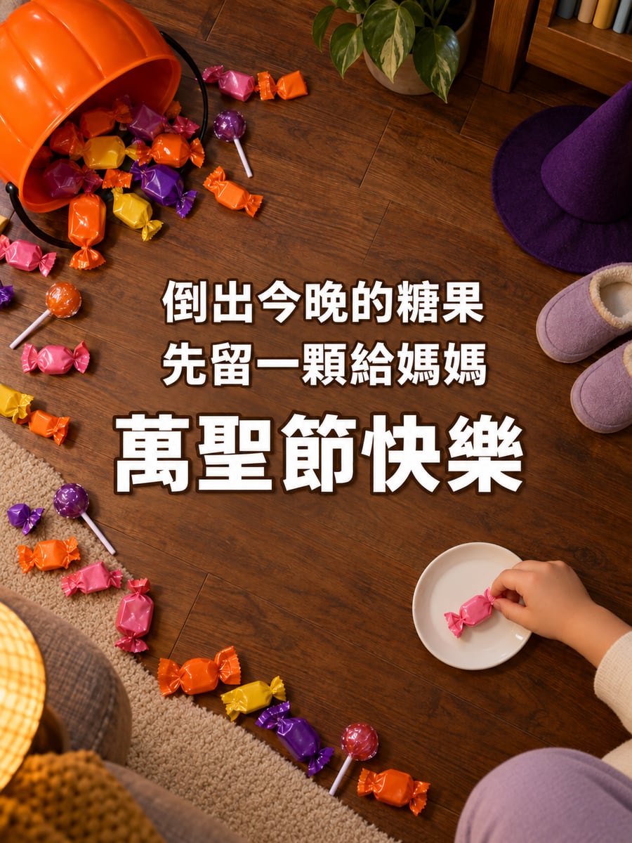 先留一顆給媽媽。圖中文字：萬聖節快樂，倒出今晚的糖果，先留一顆給媽媽