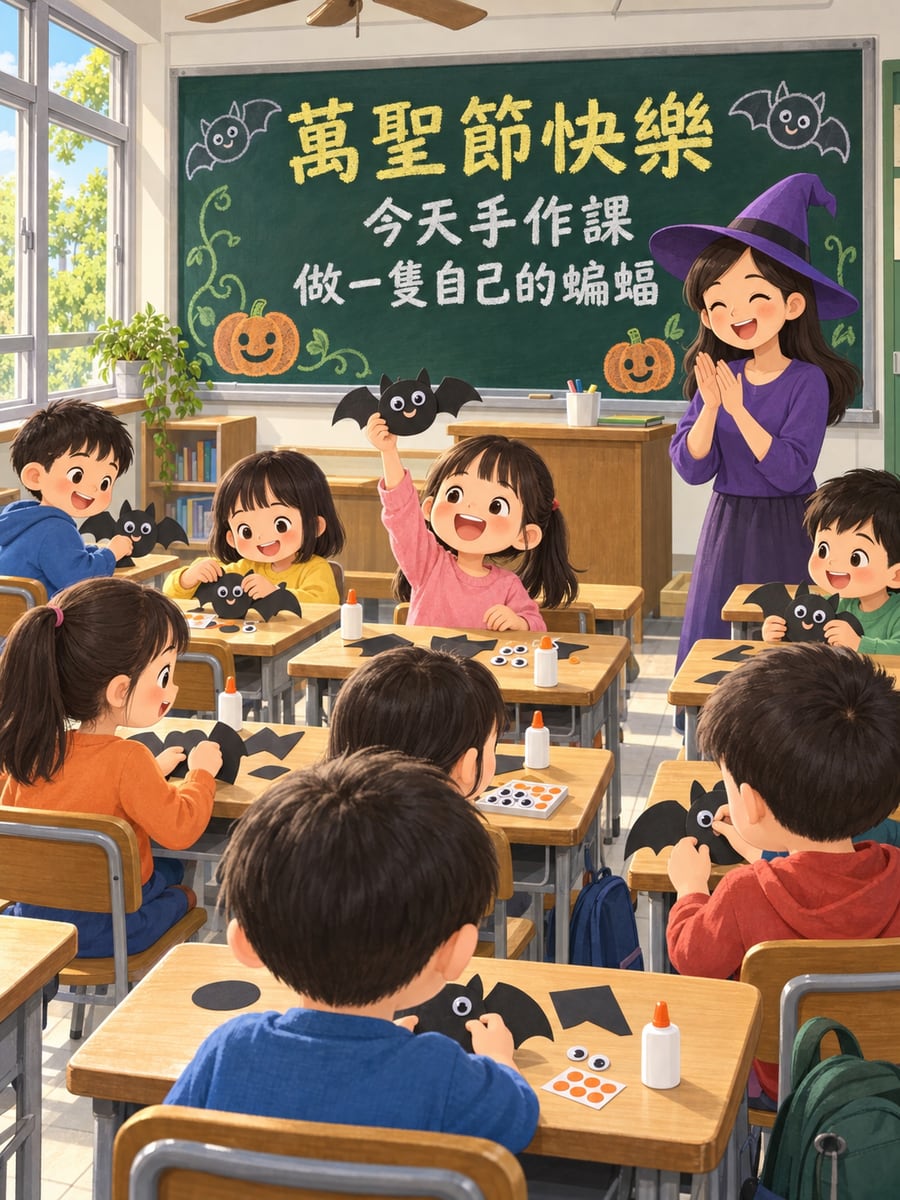 手作課做蝙蝠。圖中文字：萬聖節快樂，今天手作課，做一隻自己的蝙蝠