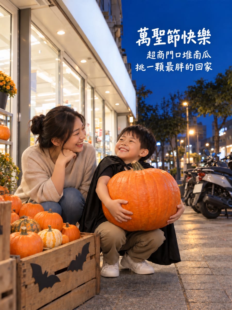 超商門口挑南瓜。圖中文字：萬聖節快樂，超商門口堆南瓜，挑一顆最胖的回家