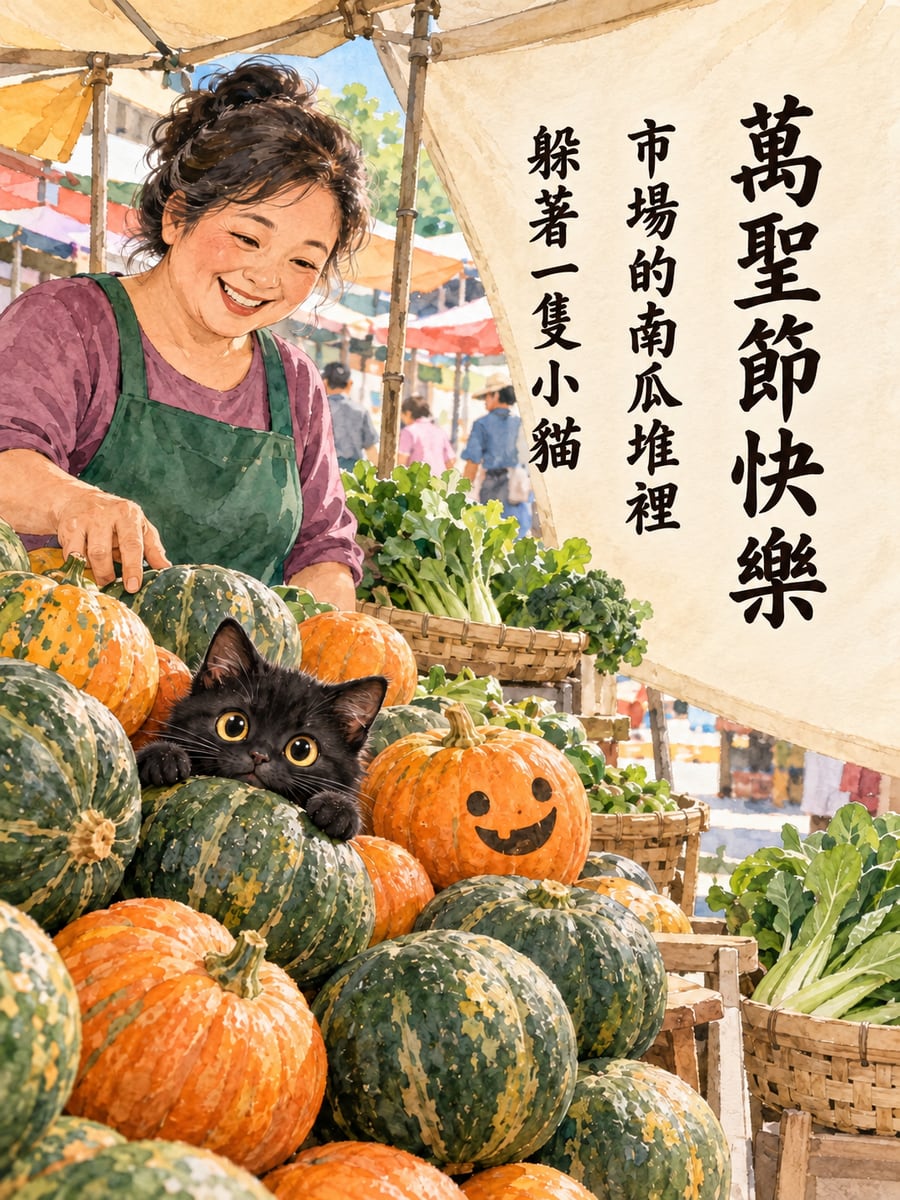 南瓜堆裡的小貓。圖中文字：萬聖節快樂，市場的南瓜堆裡，躲著一隻小貓