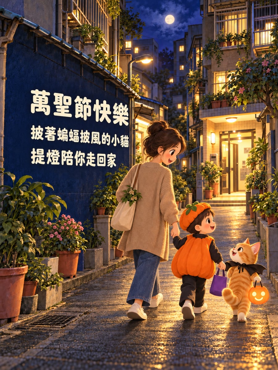 提燈的小橘貓。圖中文字：萬聖節快樂，披著蝙蝠披風的小貓，提燈陪你走回家