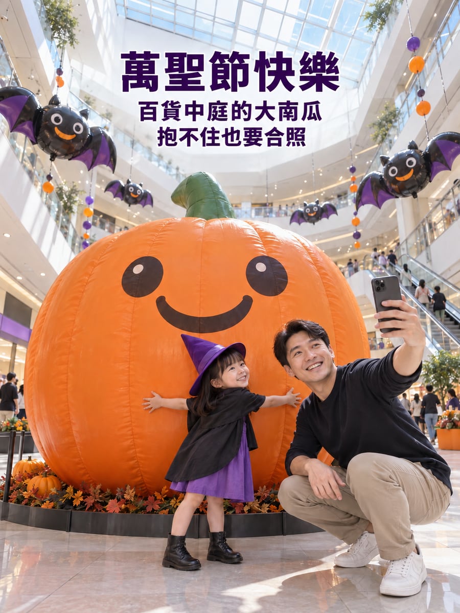 百貨中庭的大南瓜。圖中文字：萬聖節快樂，百貨中庭的大南瓜，抱不住也要合照