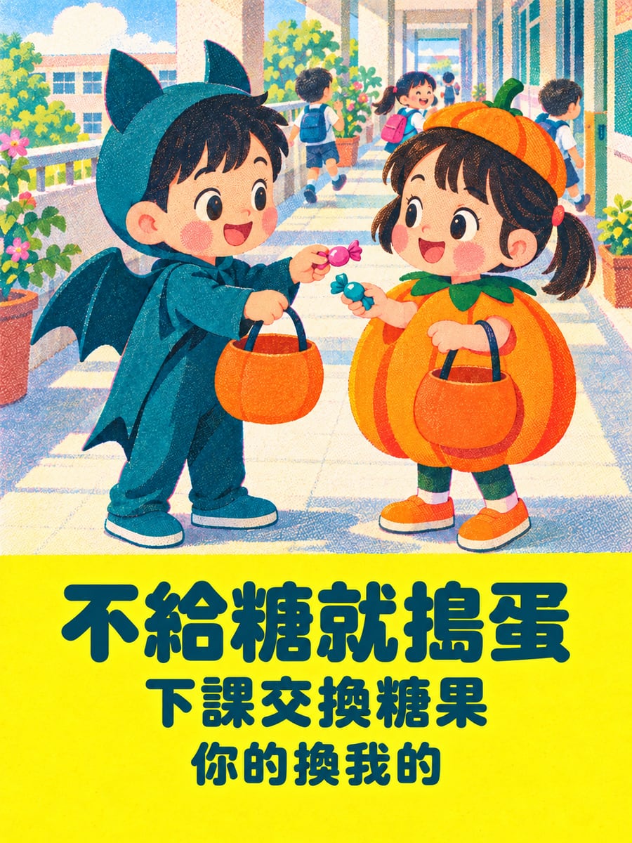 下課交換糖果。圖中文字：不給糖就搗蛋，下課交換糖果，你的換我的