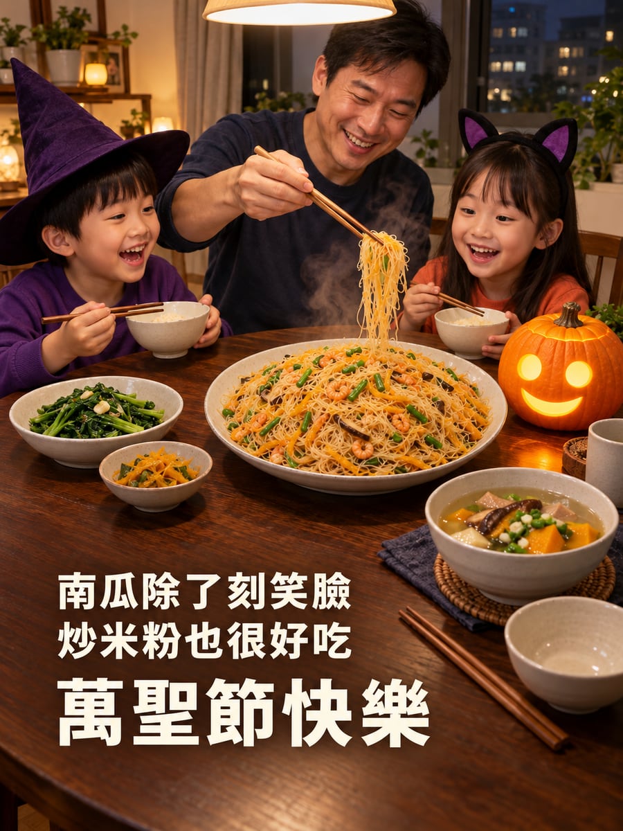 金瓜炒米粉上桌。圖中文字：萬聖節快樂，南瓜除了刻笑臉，炒米粉也很好吃