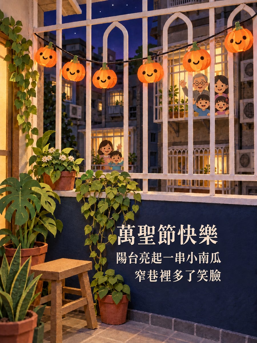 陽台的南瓜燈串。圖中文字：萬聖節快樂，陽台亮起一串小南瓜，窄巷裡多了笑臉