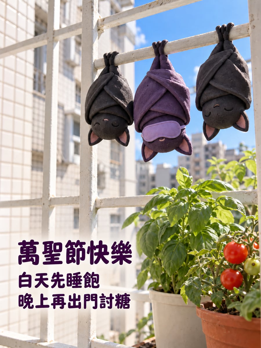 白天先睡飽的小蝙蝠。圖中文字：萬聖節快樂，白天先睡飽，晚上再出門討糖