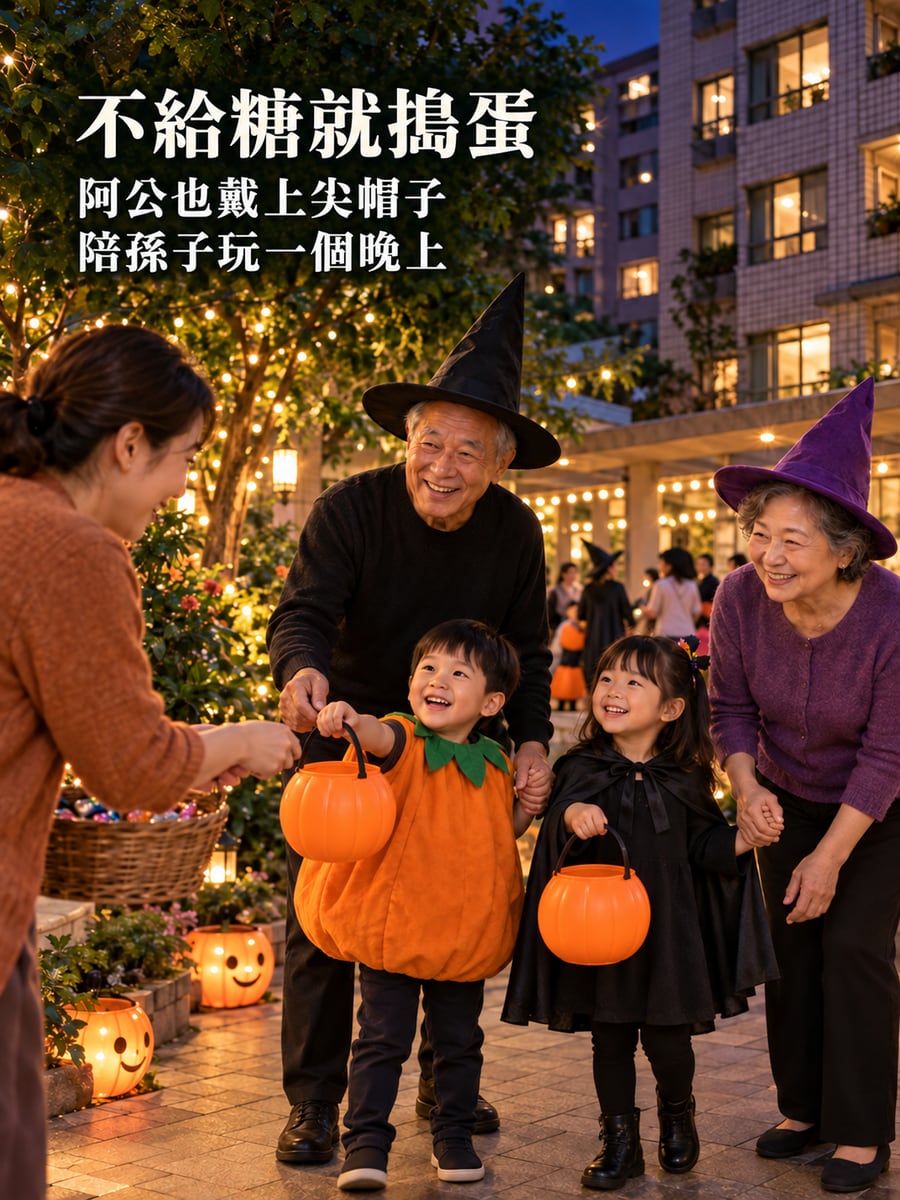 祖孫一起逛中庭。圖中文字：不給糖就搗蛋，阿公也戴上尖帽子，陪孫子玩一個晚上