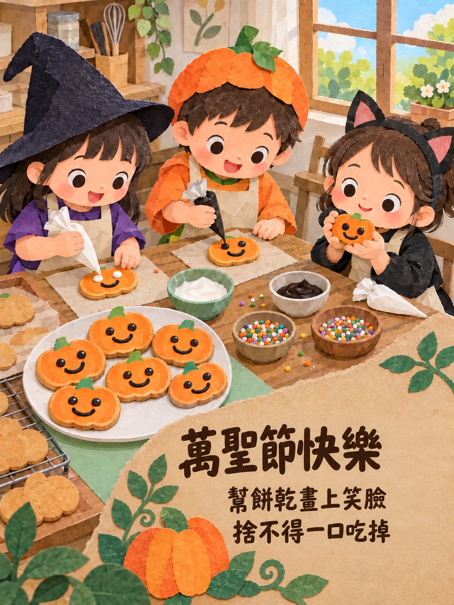 幫餅乾畫笑臉。圖中文字：萬聖節快樂，幫餅乾畫上笑臉，捨不得一口吃掉