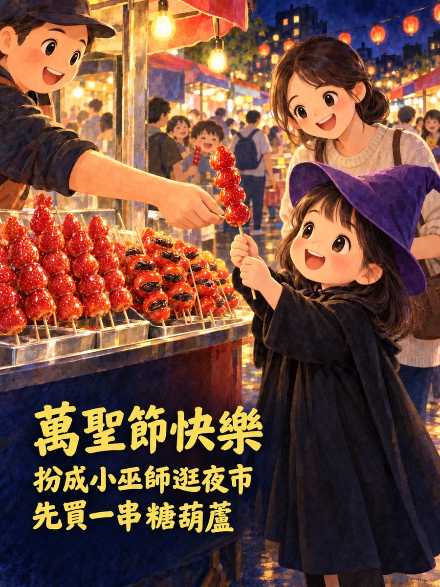小巫師買糖葫蘆。圖中文字：萬聖節快樂，扮成小巫師逛夜市，先買一串糖葫蘆