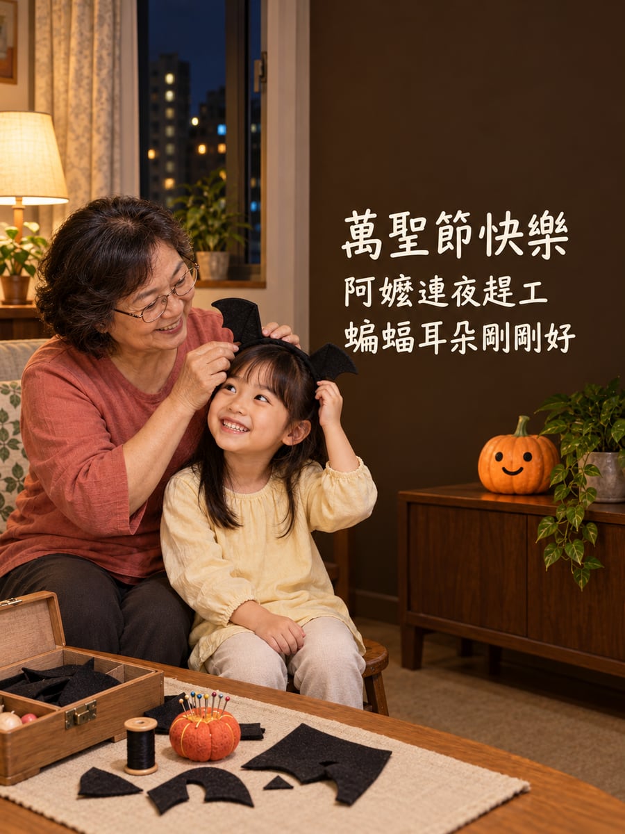 阿嬤做的蝙蝠耳朵。圖中文字：萬聖節快樂，阿嬤連夜趕工，蝙蝠耳朵剛剛好