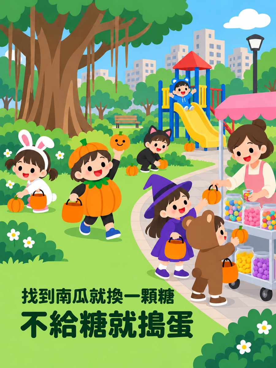 公園找南瓜換糖果。圖中文字：不給糖就搗蛋，找到南瓜就換一顆糖