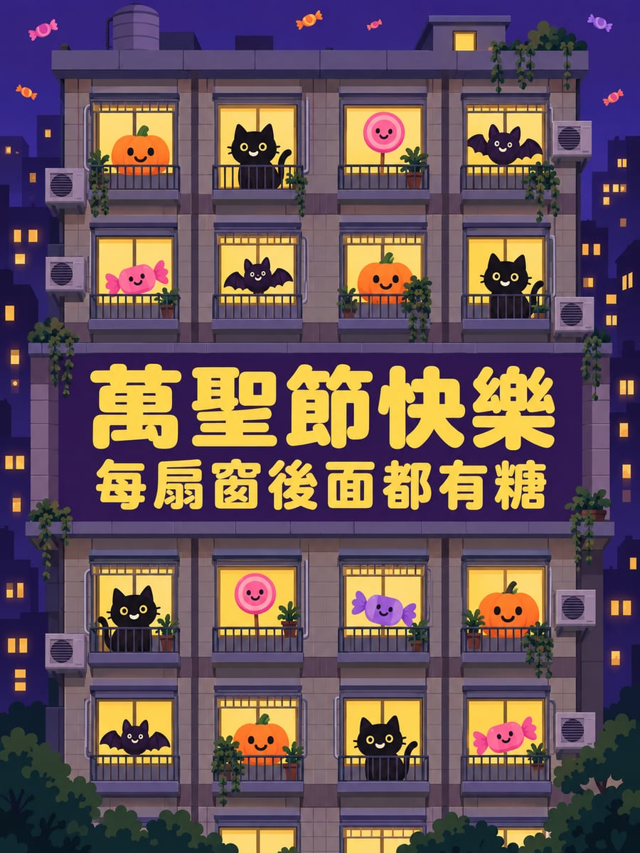 每扇窗後面都有糖。圖中文字：萬聖節快樂，每扇窗後面都有糖
