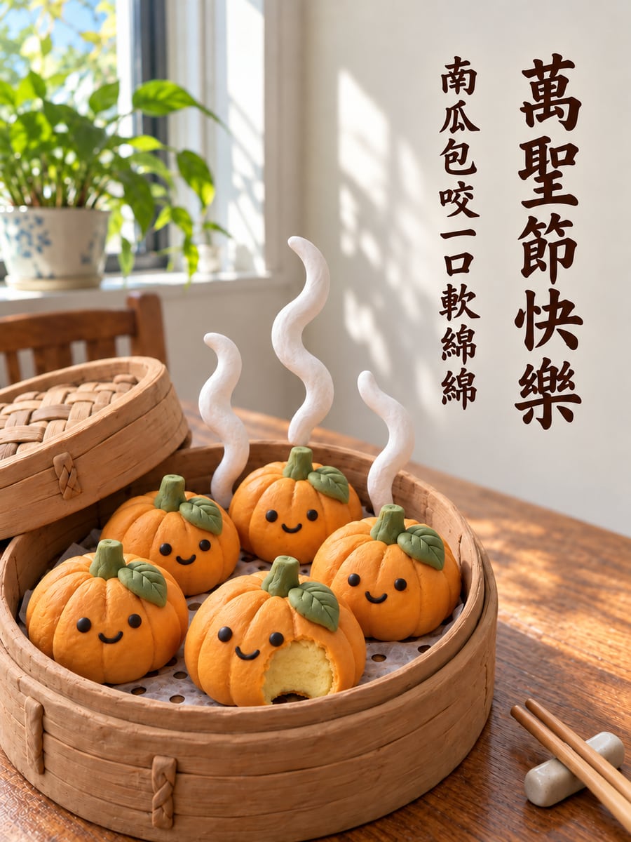 南瓜造型包子。圖中文字：萬聖節快樂，南瓜包咬一口軟綿綿