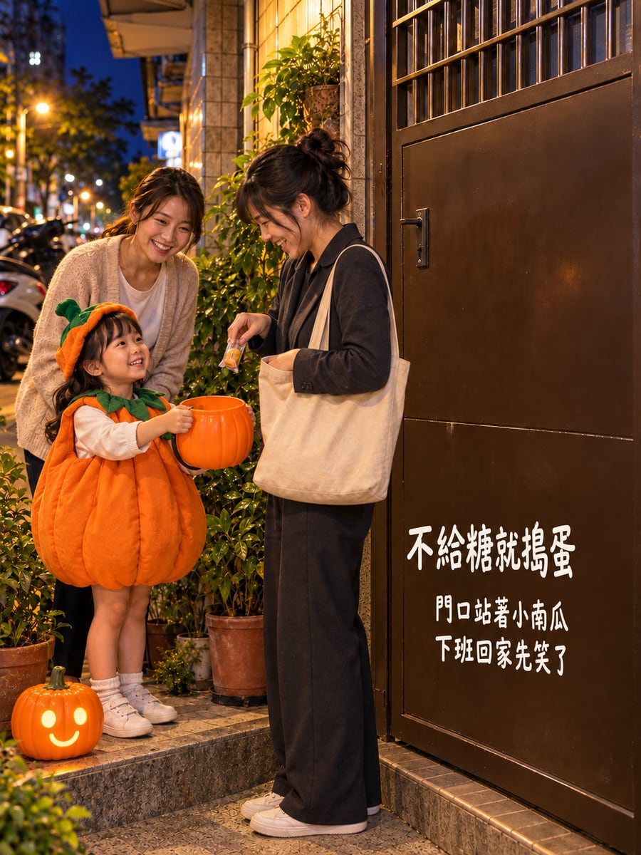 門口站著小南瓜。圖中文字：不給糖就搗蛋，門口站著小南瓜，下班回家先笑了
