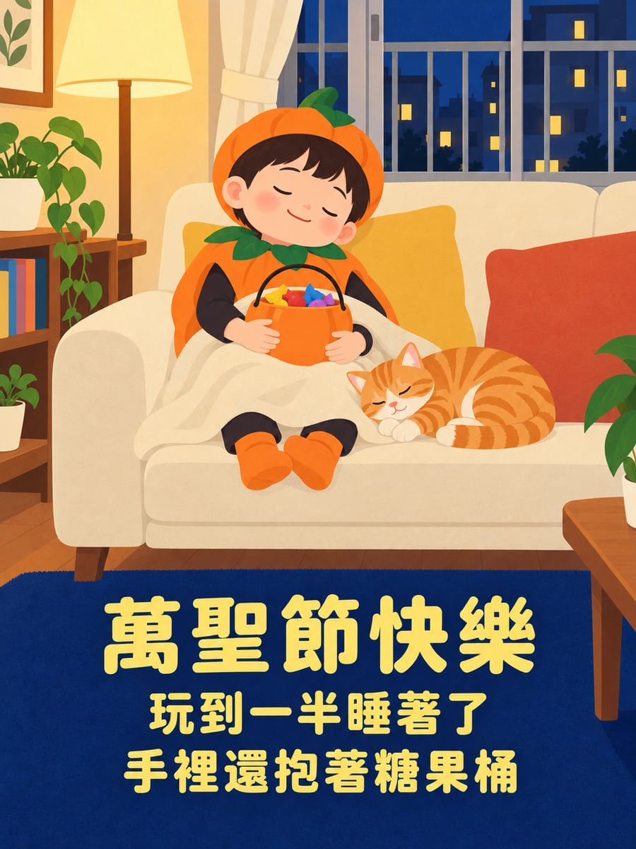 玩累了睡著了。圖中文字：萬聖節快樂，玩到一半睡著了，手裡還抱著糖果桶