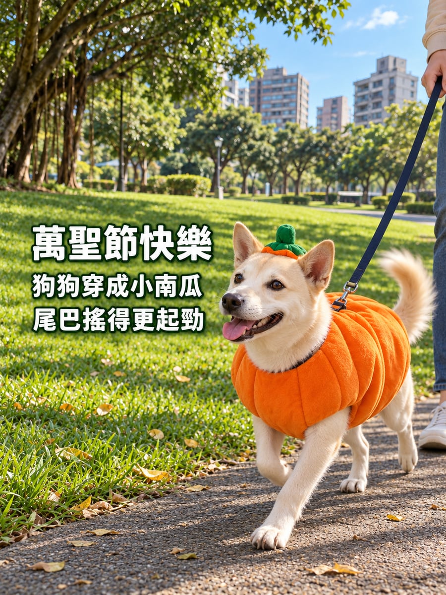 穿成小南瓜的狗狗。圖中文字：萬聖節快樂，狗狗穿成小南瓜，尾巴搖得更起勁