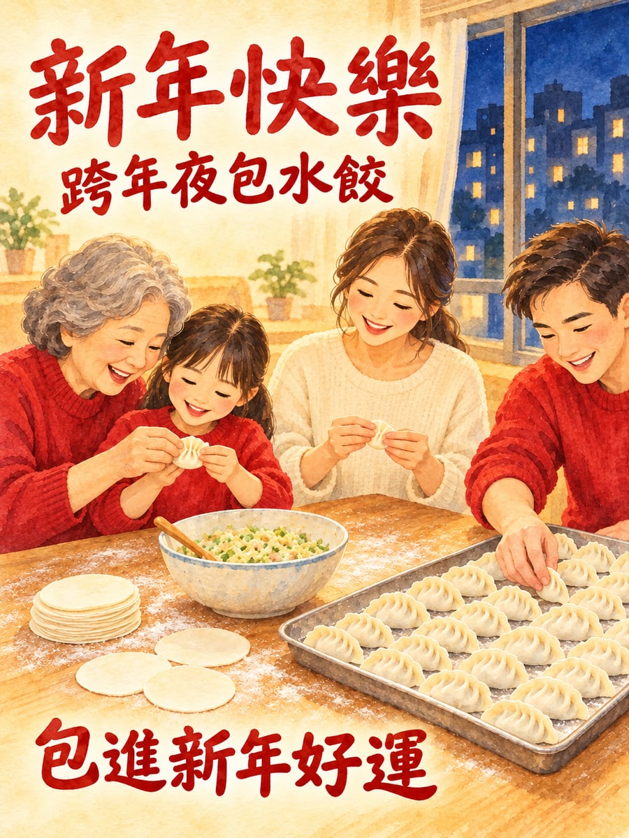 跨年夜一起包水餃。圖中文字：新年快樂，跨年夜包水餃，包進新年好運