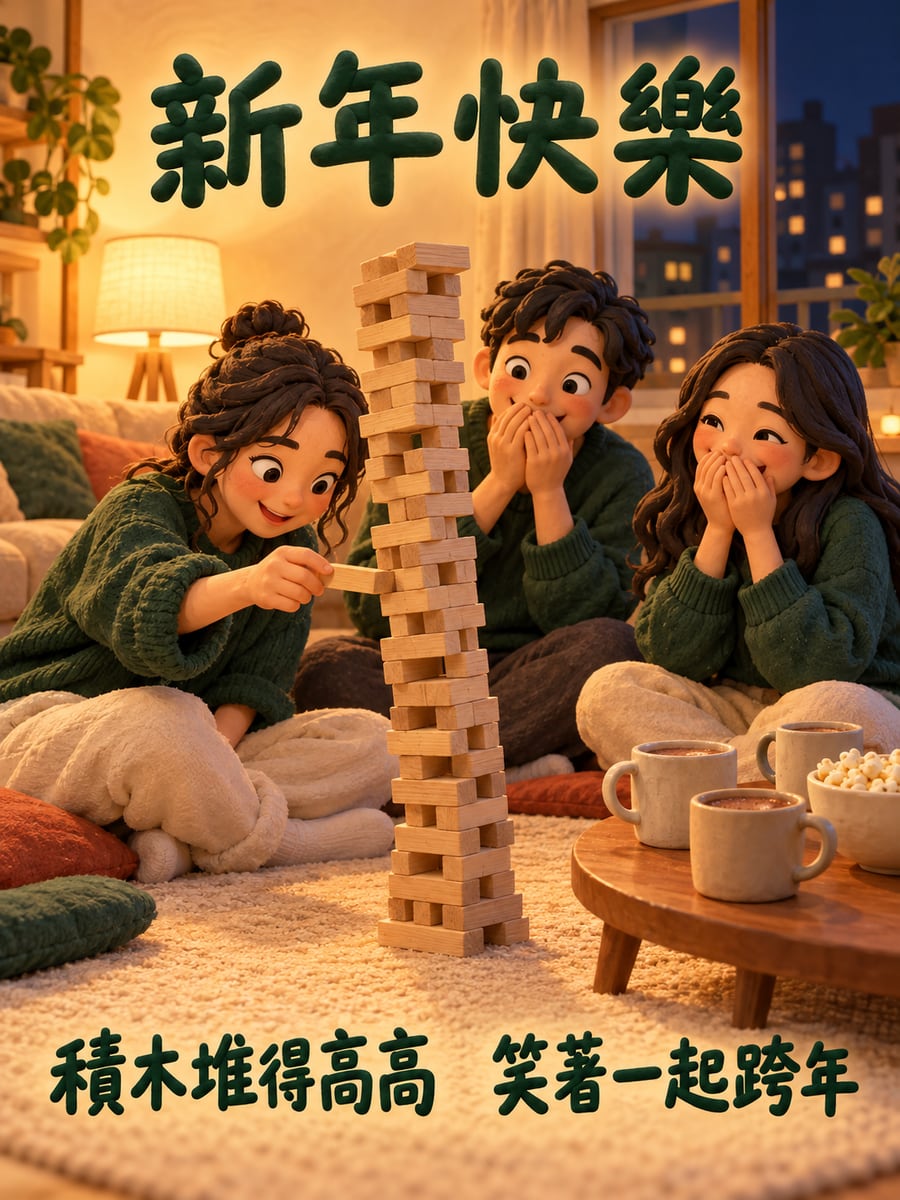 跨年夜一起玩疊疊樂。圖中文字：新年快樂，積木堆得高高，笑著一起跨年