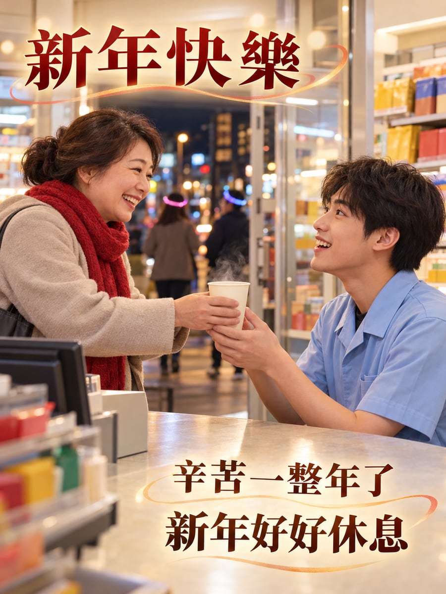 跨年夜值班的店員。圖中文字：新年快樂，辛苦一整年了，新年好好休息