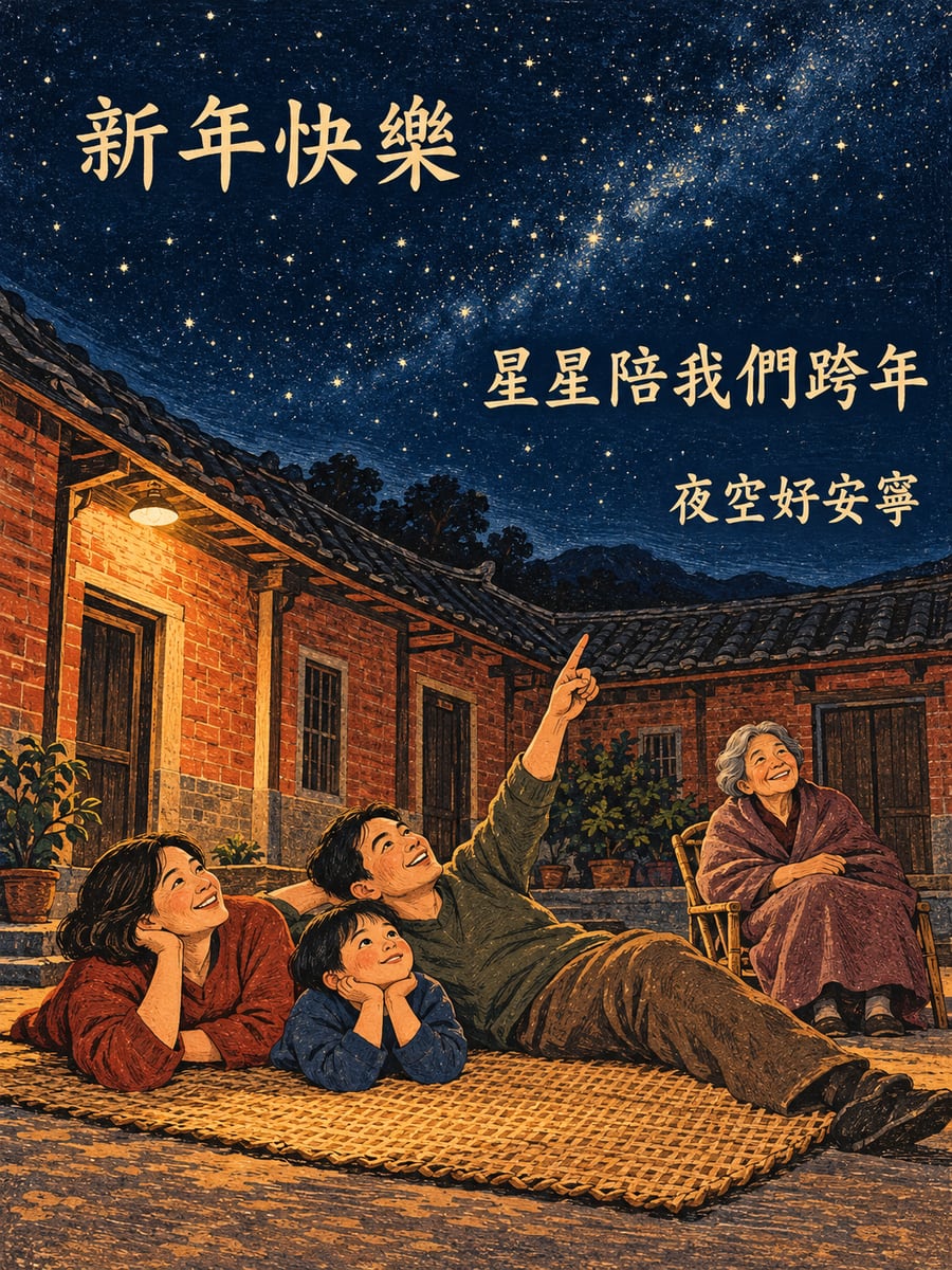 三合院稻埕看星星跨年。圖中文字：新年快樂，星星陪我們跨年，夜空好安寧