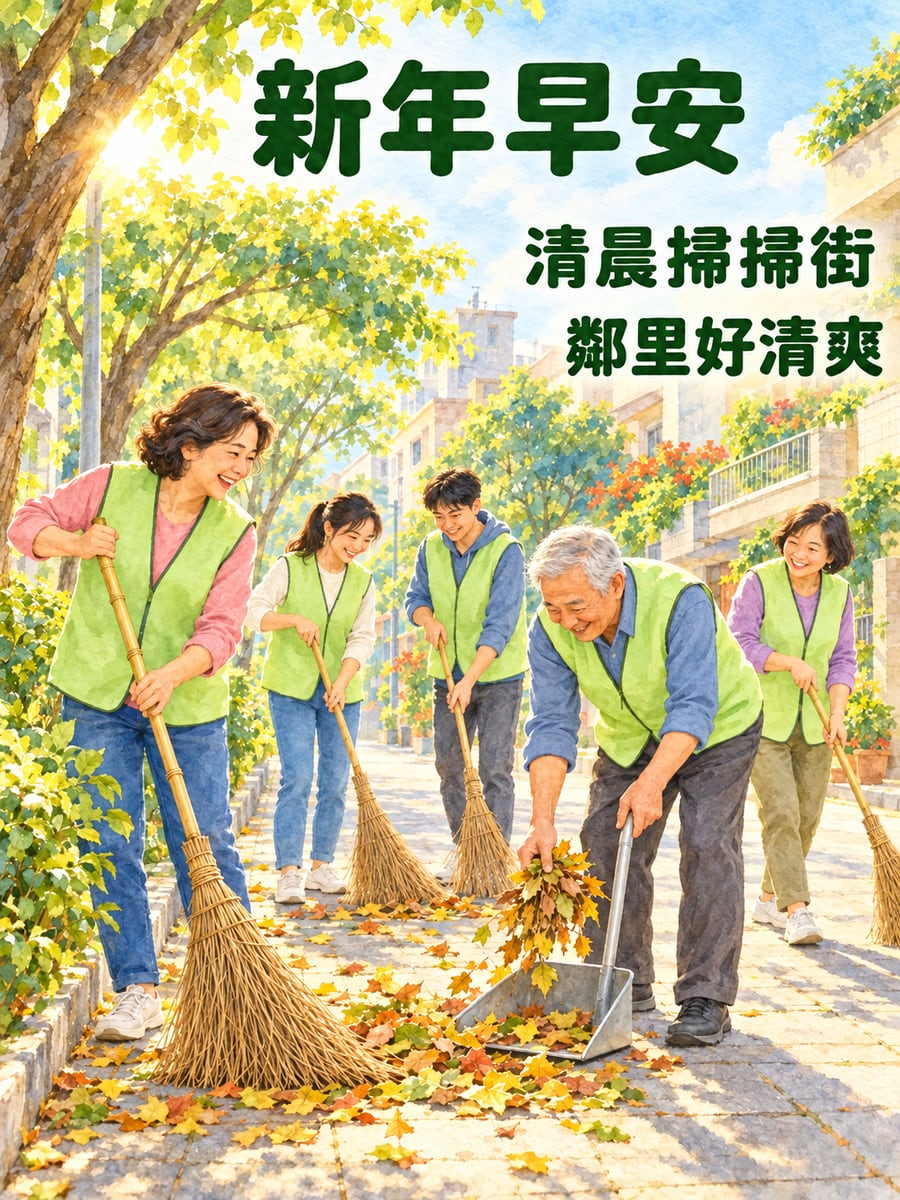 元旦清晨社區掃街。圖中文字：新年早安，清晨掃掃街，鄰里好清爽