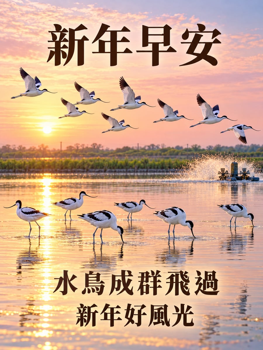 魚塭清晨的反嘴鴴。圖中文字：新年早安，水鳥成群飛過，新年好風光