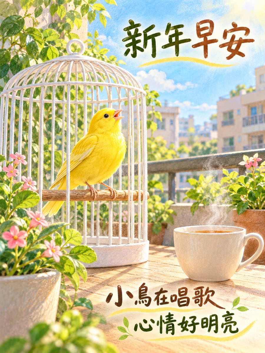 陽台金絲雀唱歌。圖中文字：新年早安，小鳥在唱歌，心情好明亮