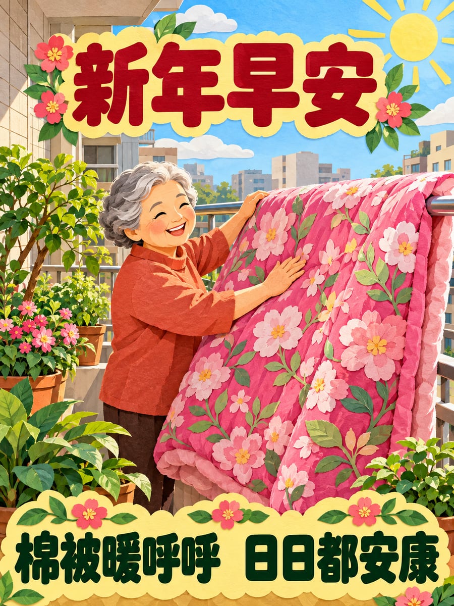 阿嬤陽台曬棉被。圖中文字：新年早安，棉被暖呼呼，日日都安康