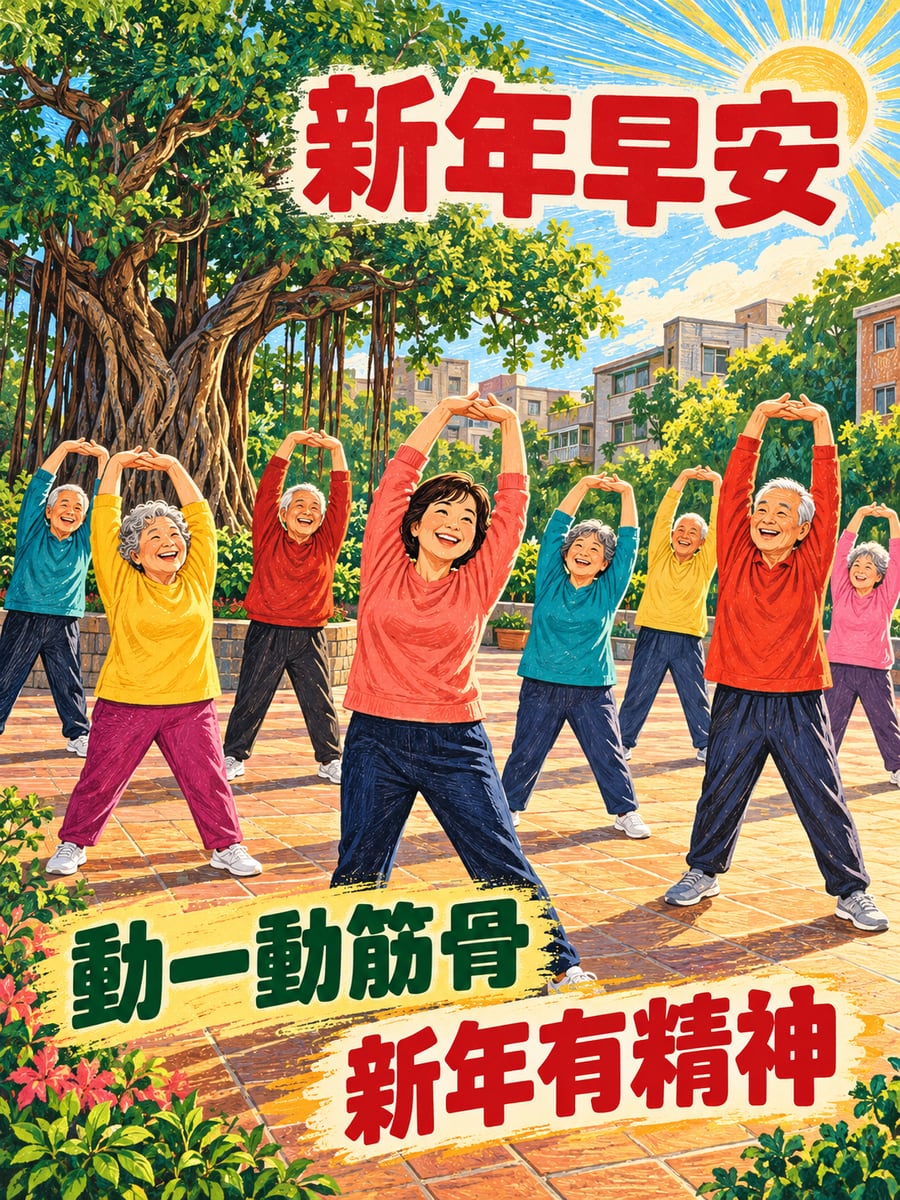 長輩晨間伸展操。圖中文字：新年早安，動一動筋骨，新年有精神