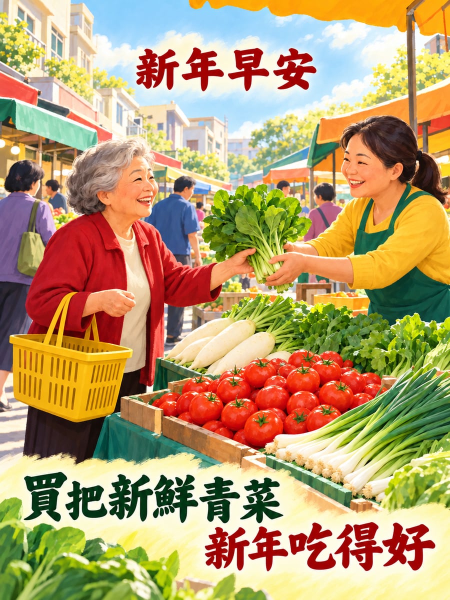 阿嬤逛早市買青菜。圖中文字：新年早安，買把新鮮青菜，新年吃得好
