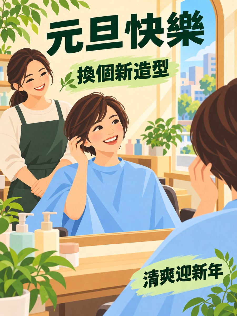新年換個新造型。圖中文字：元旦快樂，換個新造型，清爽迎新年