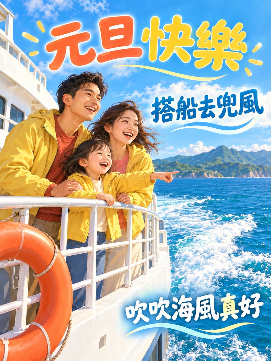 搭渡輪出遊。圖中文字：元旦快樂，搭船去兜風，吹吹海風真好