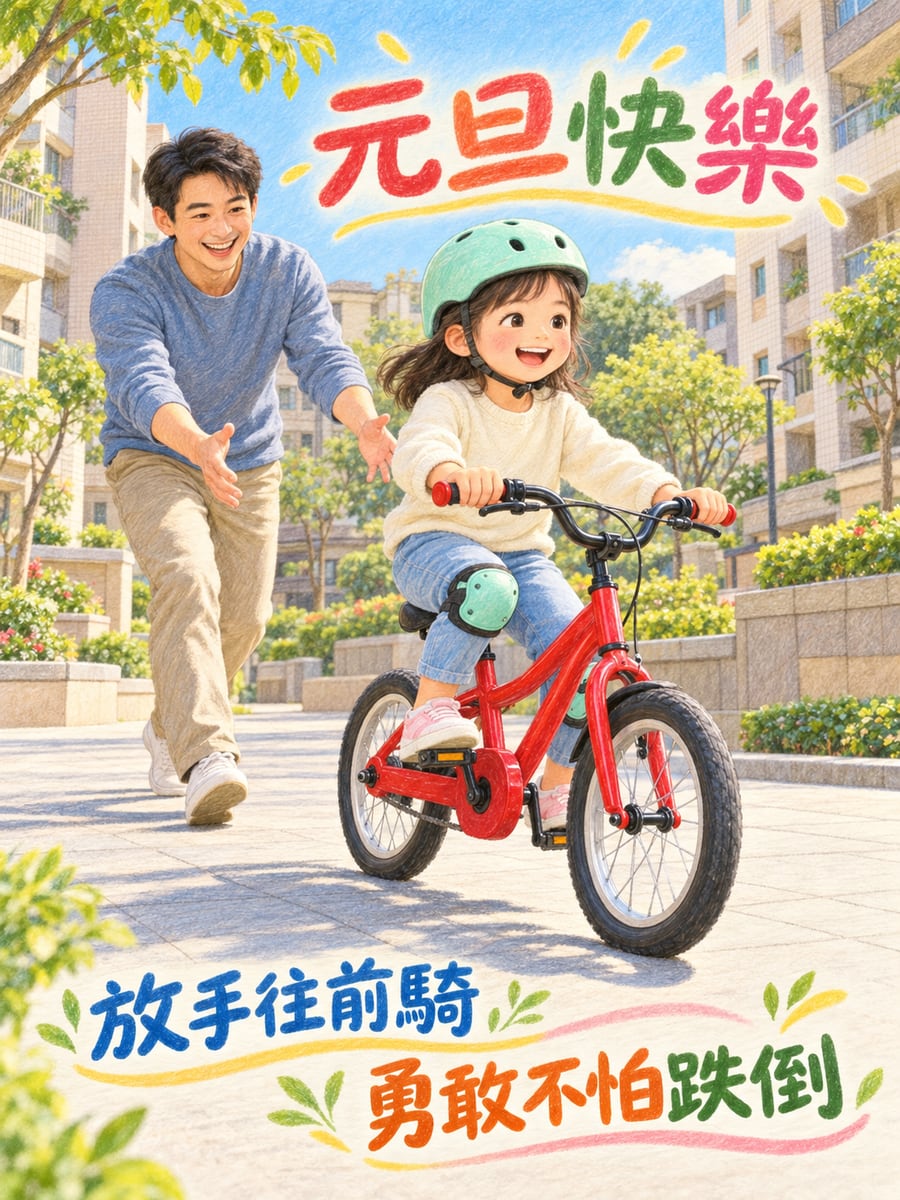 學會騎單車。圖中文字：元旦快樂，放手往前騎，勇敢不怕跌倒
