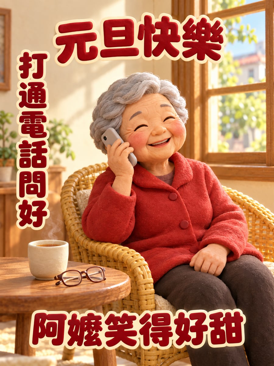 阿嬤接到孫子的電話。圖中文字：元旦快樂，打通電話問好，阿嬤笑得好甜