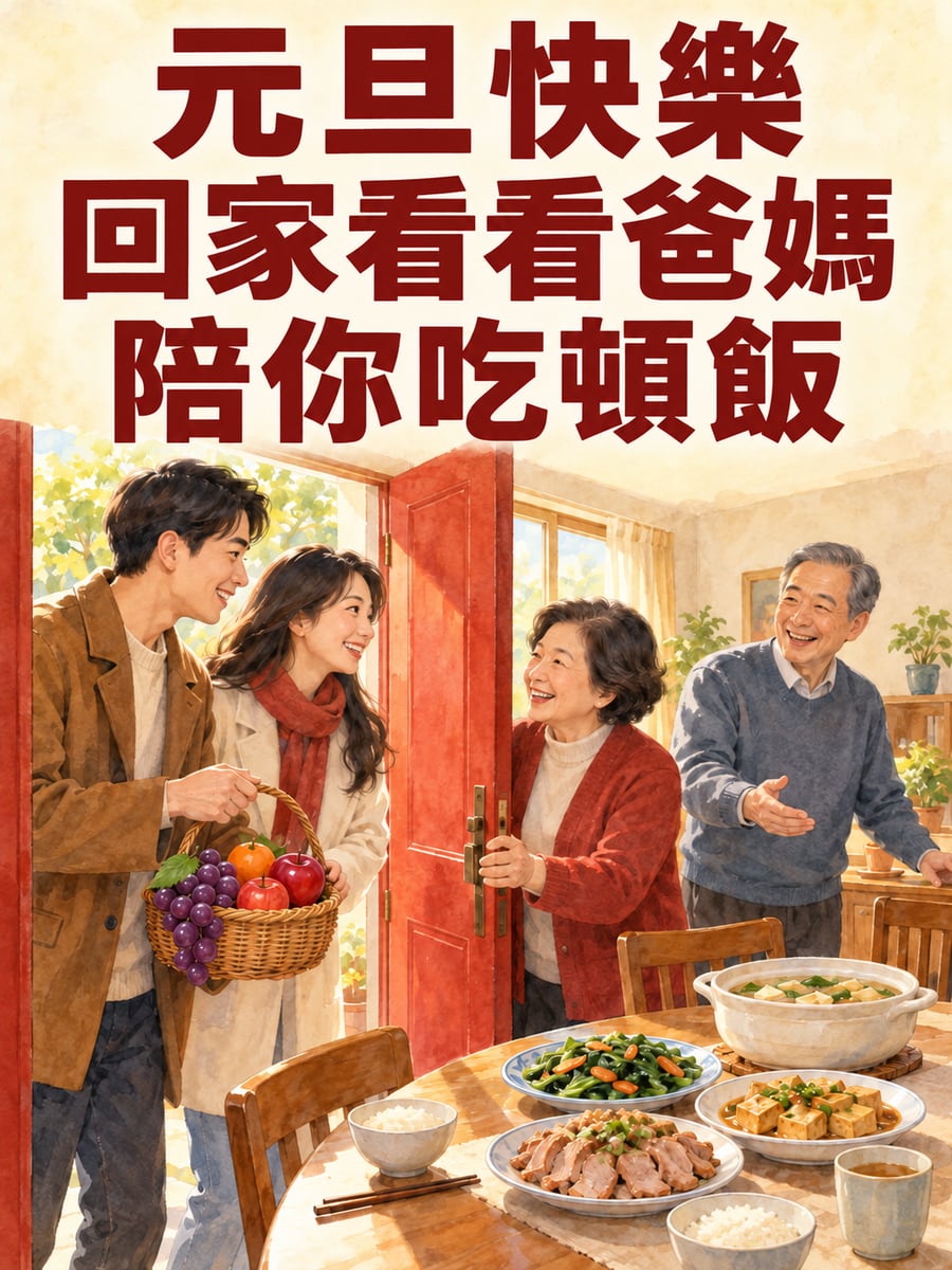 回家看爸媽。圖中文字：元旦快樂，回家看看爸媽，陪你吃頓飯