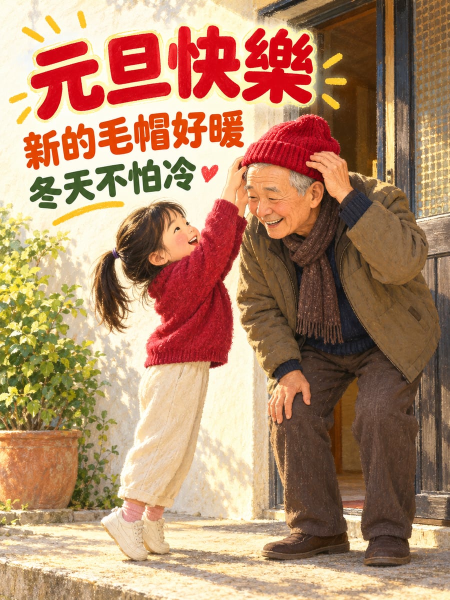 幫阿公戴新毛帽。圖中文字：元旦快樂，新的毛帽好暖，冬天不怕冷