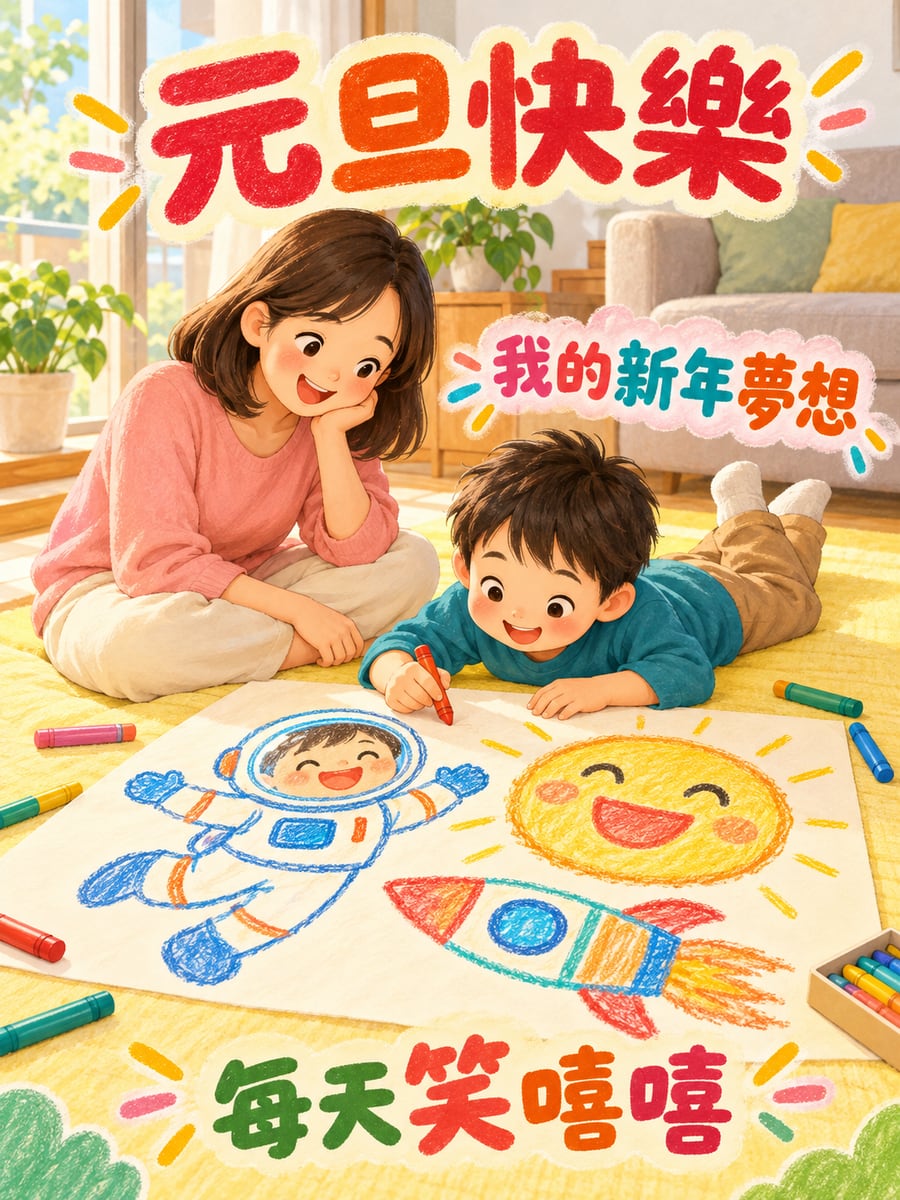 小朋友畫新年夢想。圖中文字：元旦快樂，我的新年夢想，每天笑嘻嘻