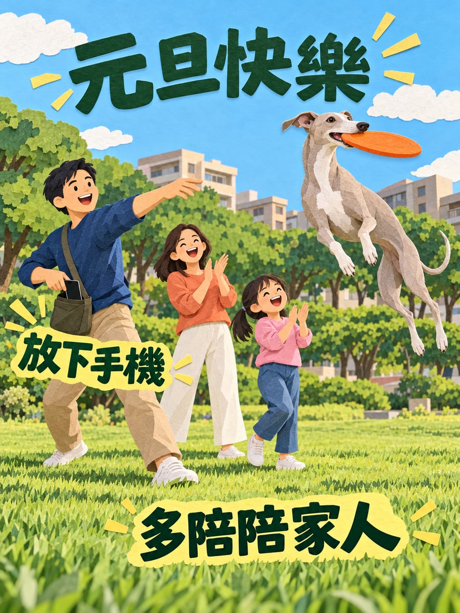 放下手機陪家人。圖中文字：元旦快樂，放下手機，多陪陪家人